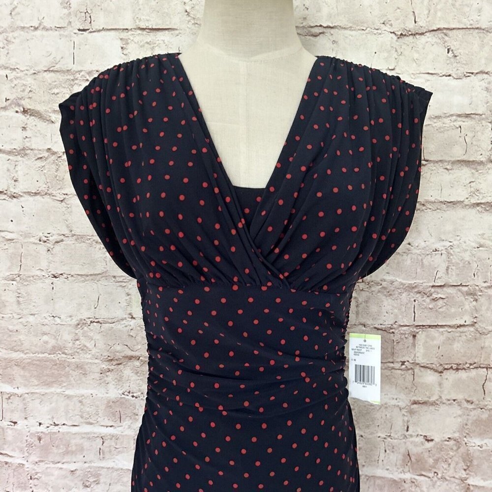 Evan Picone Womens Dress Navy Blue Red Polka Dot Surplice Ruched Size 4 NEW - Picture 3 of 5